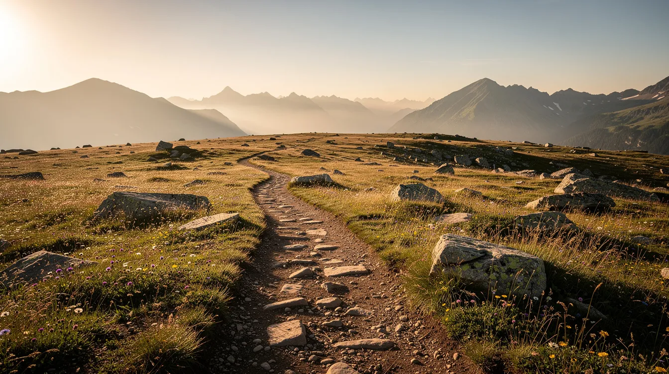 Un paysage de plateau montagneux s'étend à perte de vue, avec un sentier sinueux qui symbolise le parcours de progression et d'évolution professionnelle. Ce chemin évoque le besoin de changement et d'épanouissement dans le monde du travail, même lorsque tout semble aller bien.
