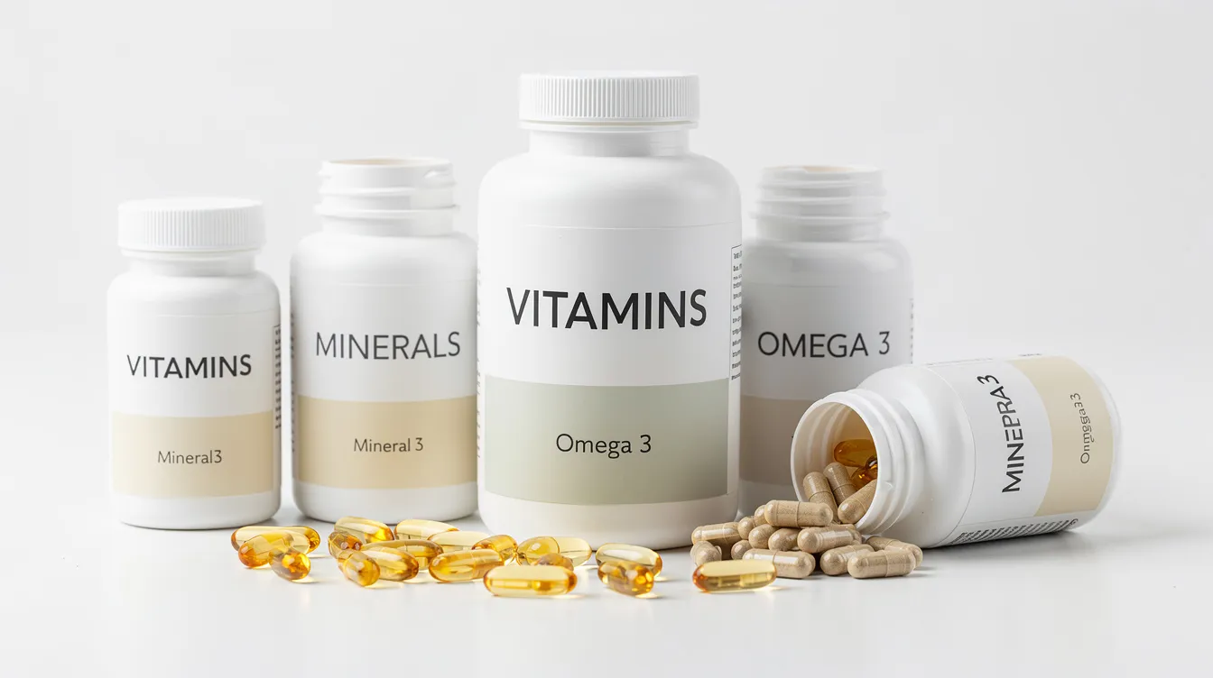 The image features various supplement capsules and bottles arranged neatly on a clean white surface, symbolizing dietary supplementation products, including spermidine supplements known for promoting longevity and supporting healthy aging. The visual reflects the potential health benefits of spermidine, particularly in relation to neurodegenerative diseases and overall wellness.