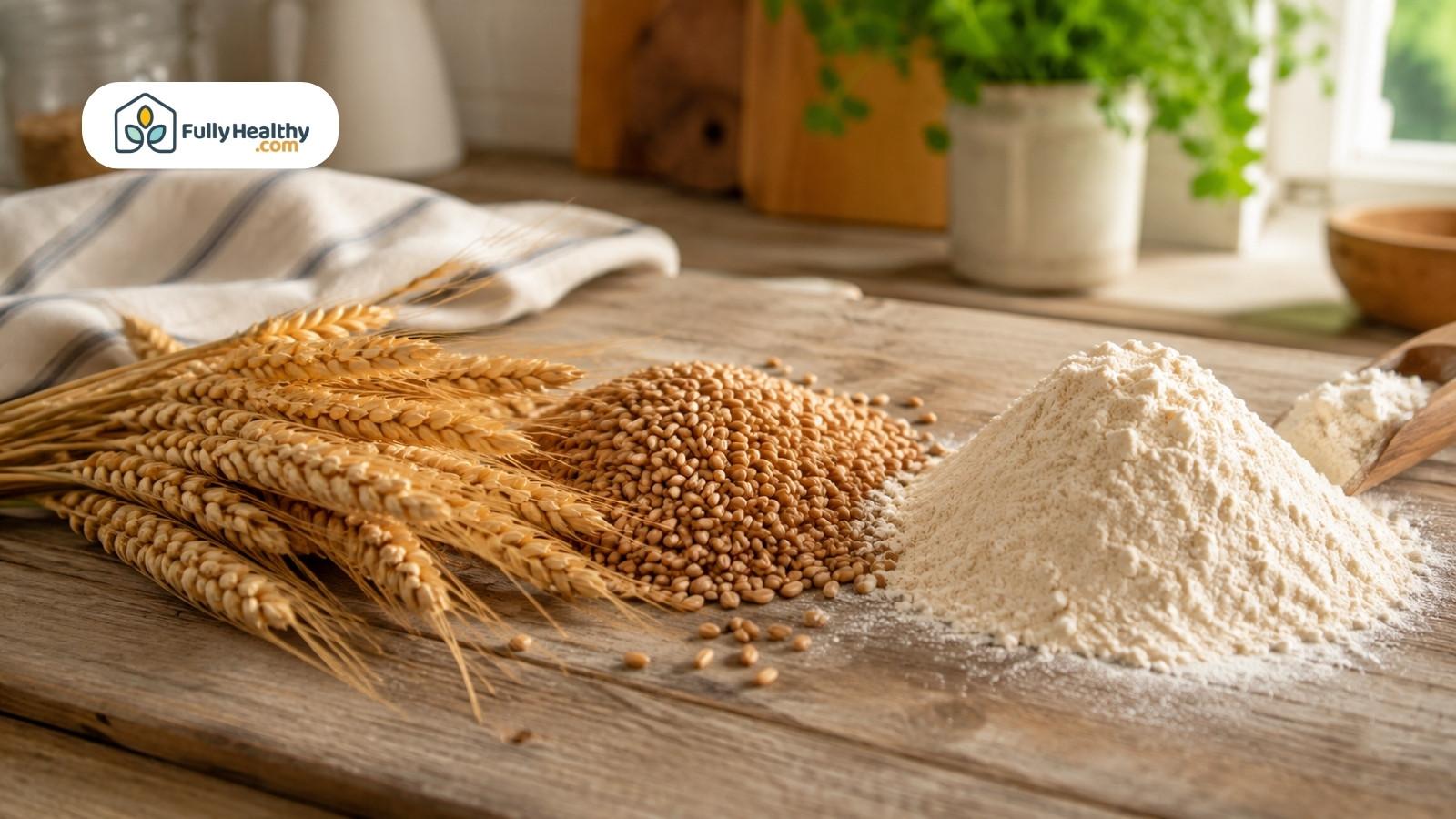 Wheat stalks, kernels, and flour showing how flour is made naturally