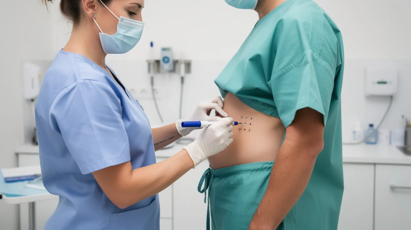 A medical provider is in a clean treatment room, carefully marking injection points on a patient's hip area with a medical marker in preparation for Sculptra butt lift injections. This nonsurgical procedure is designed to stimulate the body's natural collagen production, aiming for natural-looking enhancements in the buttocks area.