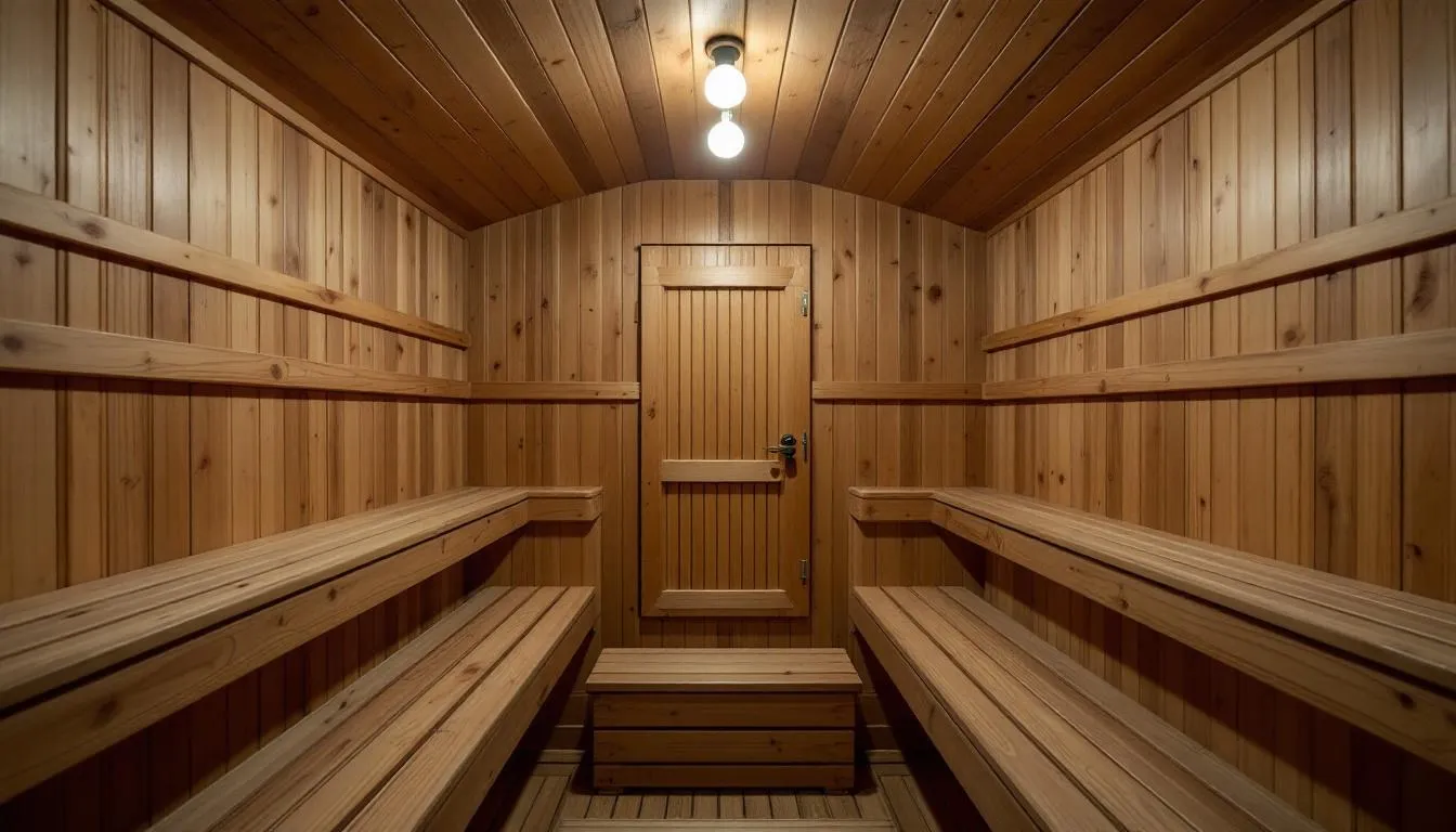 The image depicts a cedar sauna, showcasing its natural wood finish and inviting interior, designed for relaxation and detoxification. This sauna is ideal for promoting improved circulation and relieving muscle tension through sweat therapy, aligning with ayurvedic practices for physical health and wellness.