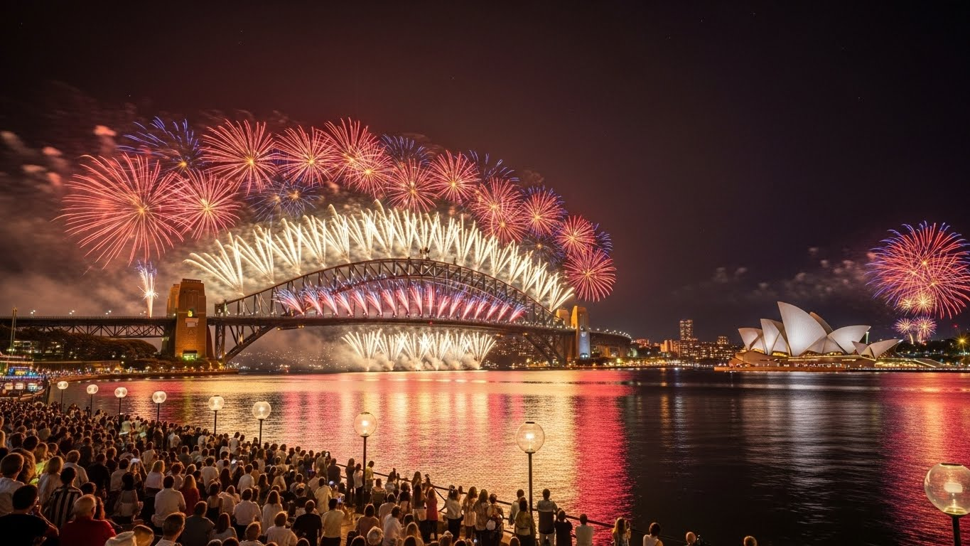 Sydney Harbour Bridge with New Year’s Eve fireworks reflecting over the water and crowds watching in warm summer weather.