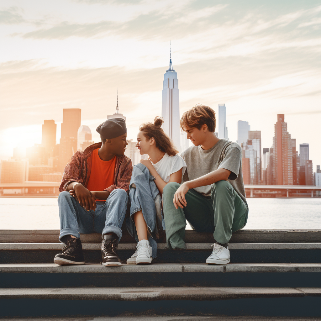 Gen Z thruple in New York City, radiating happiness against an iconic NYC backdrop, post successful therapy at Loving at Your Best Marriage and Couples Counseling.