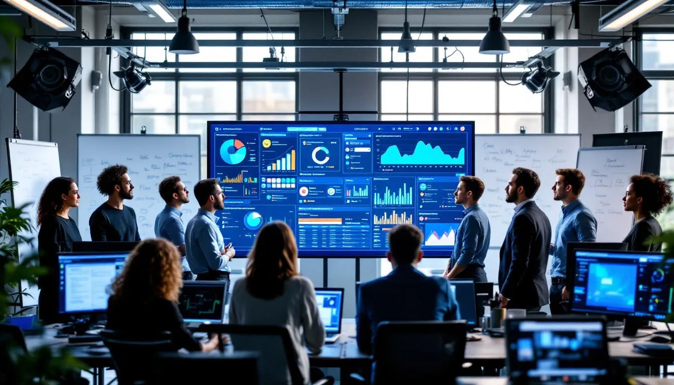 In the image, a group of diverse journalists and tech professionals collaborate around a table, discussing strategies to develop AI tools aimed at detecting fake news and misinformation. They are surrounded by laptops displaying data sets and news articles, emphasizing the importance of media literacy programs and human oversight in combating misleading information online.