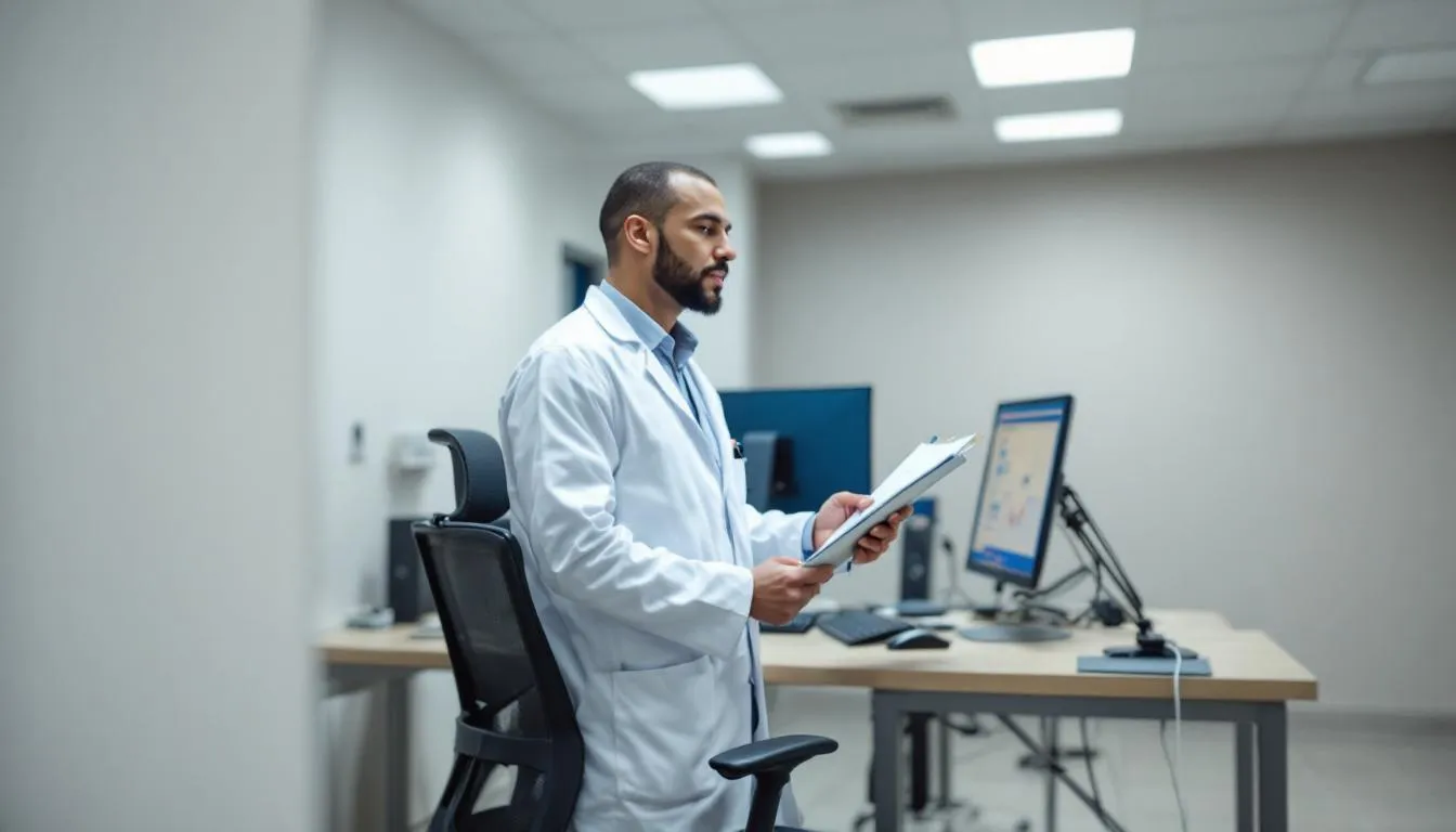 Ein Betriebsarzt überprüft die Arbeitsplatzergonomie, während er die Arbeitsbedingungen und -mittel der Mitarbeiter in einem Unternehmen analysiert, um sicherzustellen, dass die Gesundheit und Sicherheit gemäß den Vorschriften des Arbeitsschutzes gewährleistet sind. Diese Untersuchung ist Teil der Aufgaben des Betriebsarztes zur Prävention von Erkrankungen und zur Förderung einer gesunden Arbeitswelt.