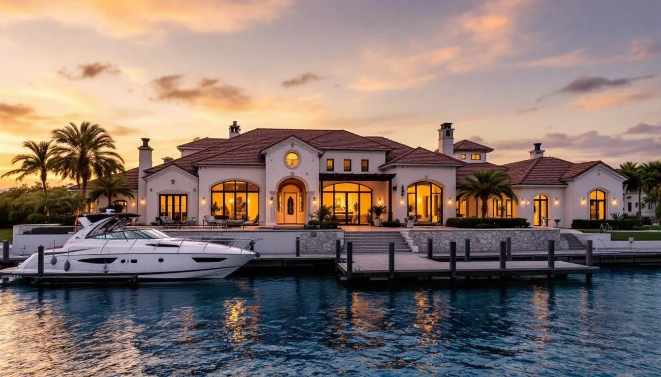 The image depicts a luxurious waterfront home on Collier Bay, showcasing stunning Mediterranean architecture with a private dock, surrounded by breathtaking sunset views. This dream home offers direct access to the water and is located in the beautiful Marco Island, Florida, providing a rare opportunity for prospective property consumers to enjoy the serene beauty of the area.