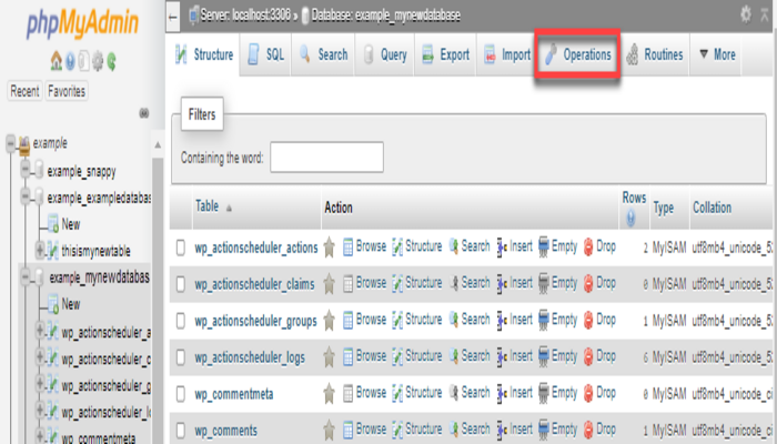 phpMyAdmin database operations