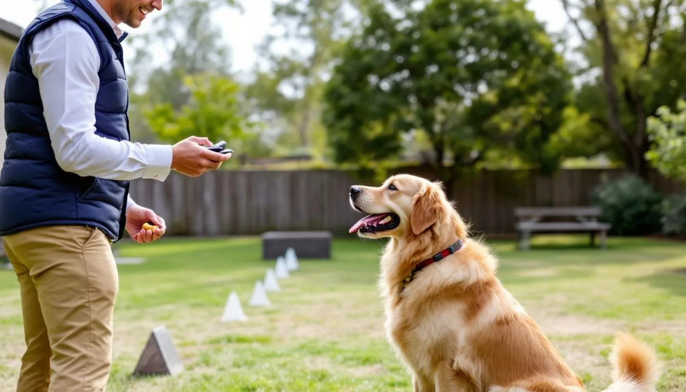 A professional dog trainer is working with a female dog, using positive reinforcement techniques to encourage good behavior. The trainer is demonstrating how to manage the female dog
