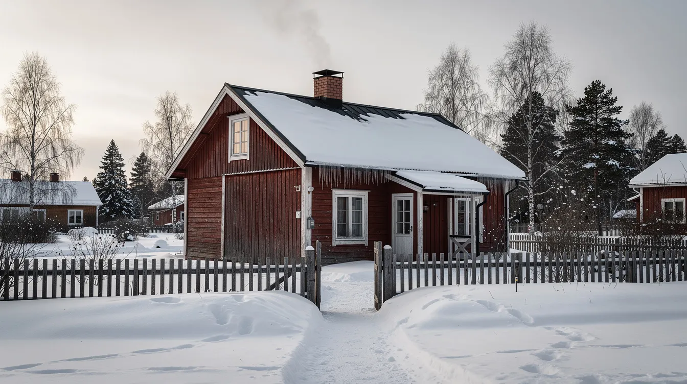 Kuvassa on vanha suomalainen puutalo talvimaisemassa, tyypillinen 1940-1950-luvun omakotitalo, joka on peittynyt lumikerrokseen. Rakennuksen ympärillä näkyy talvinen luonto, ja sen tekninen käyttöikä on saattanut olla jo pitkään, mikä voi vaikuttaa esimerkiksi kylpyhuoneen kuntoon ja käyttöikään.