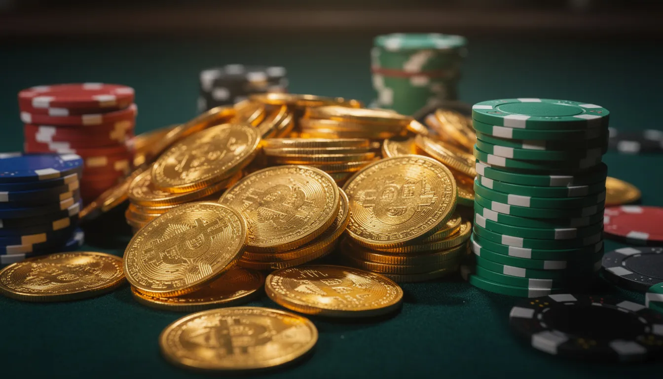 En bild av gyllene mynt och casinokort staplade tillsammans, vilket skapar en känsla av spänning och spelande. Dessa symboler representerar möjligheterna till vinster och bonusar, inklusive free spins och andra förmåner som erbjuds av online casinon.