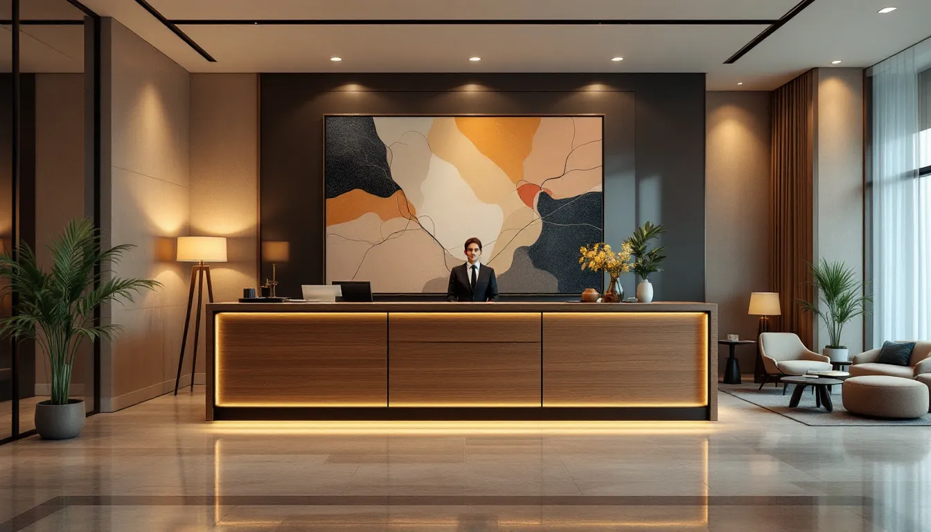 The image features a professional hotel lobby with a sleek, modern check-in desk illuminated by warm, welcoming lighting, creating an inviting atmosphere for potential guests. This space is designed to enhance the hotel's online visibility and reputation management, making it a perfect setting for satisfied guests to leave positive reviews.
