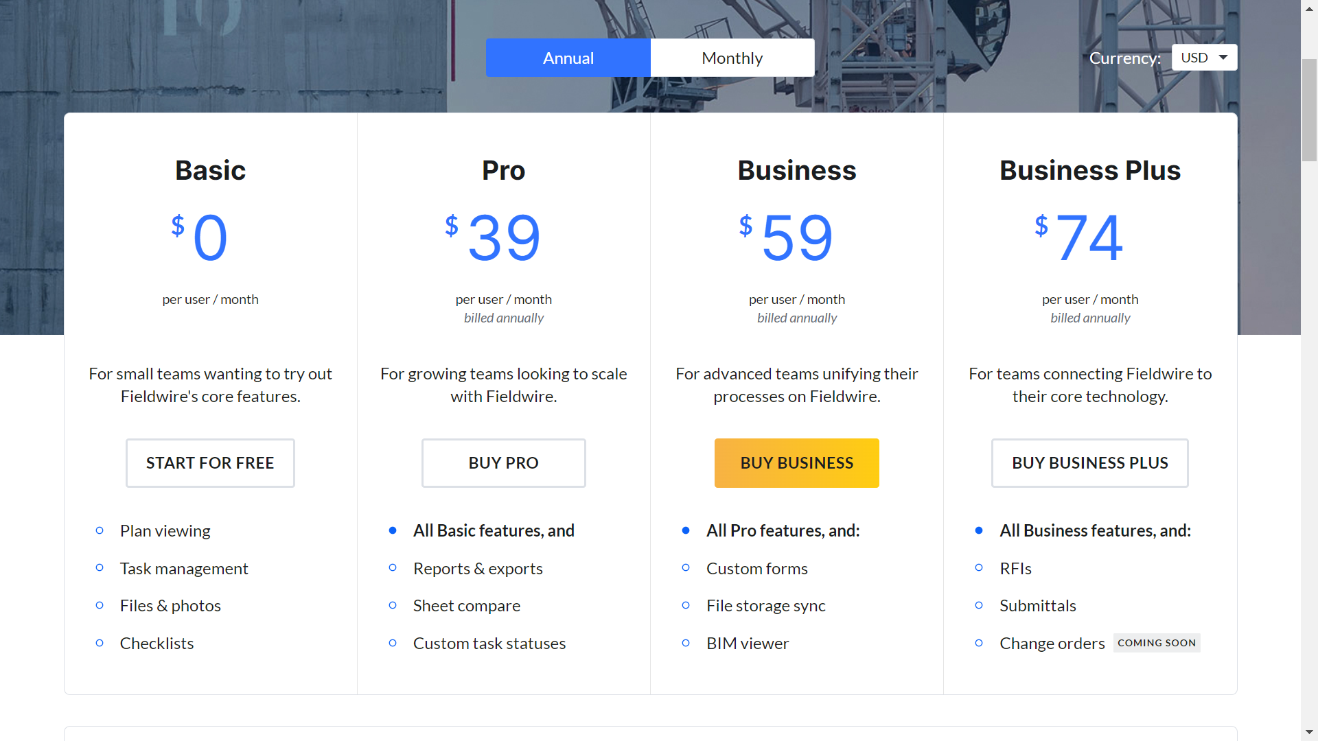 Fieldwire pricing page as of 2023