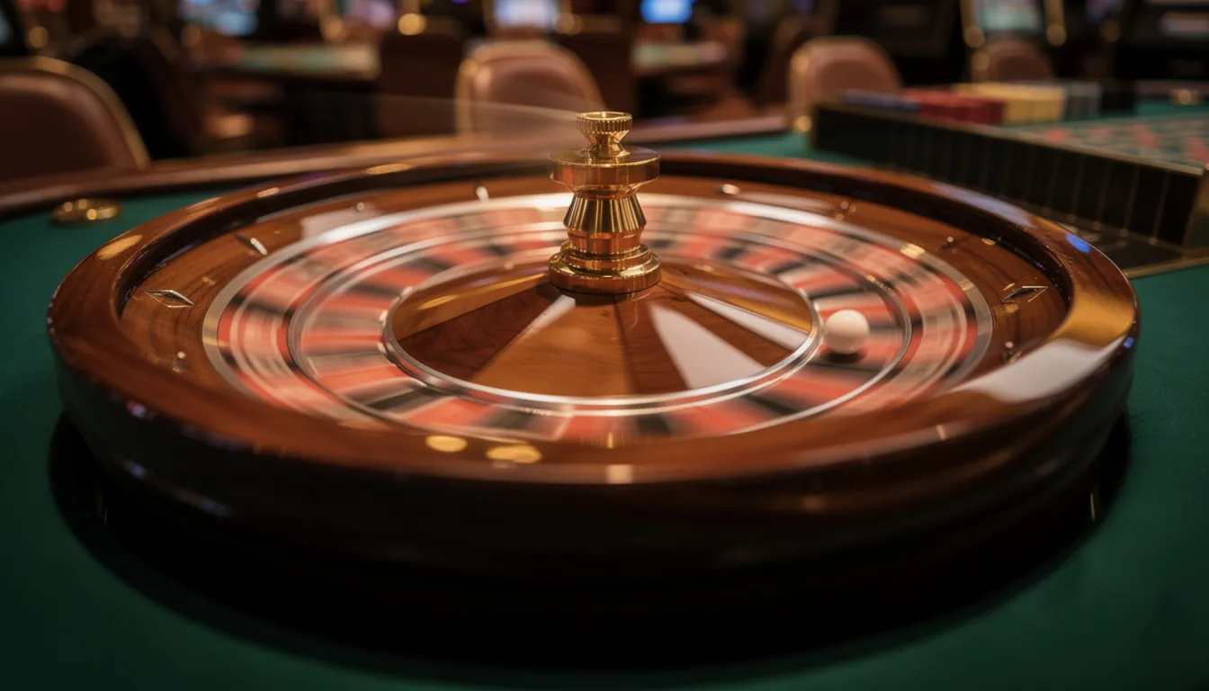 Ett roulettehjul snurrar snabbt med kulan som rör sig i cirklar, vilket skapar en spännande atmosfär av spel och chans. Denna bild fångar känslan av ett online casino, där spelare kan njuta av en komplett spelupplevelse, som hos 888 casino.