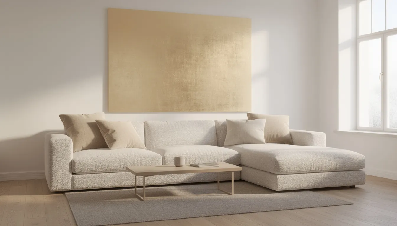 Ett vardagsrum med en stor beige soffa som skapar en inbjudande känsla. Ovanför soffan hänger en guld tavla som reflekterar ljuset från fönstret och ger rummet en elegant stil med olika detaljer.