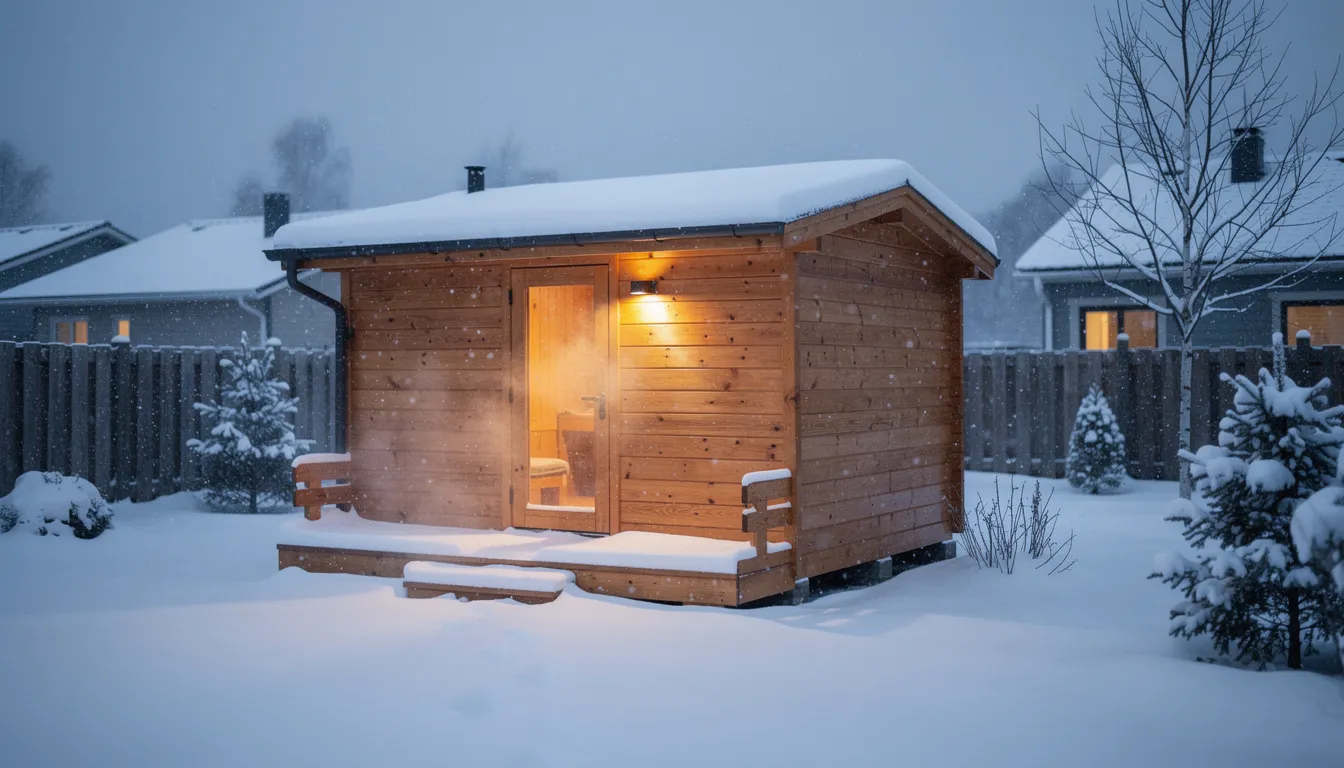 The image depicts an outdoor wooden sauna cabin nestled in a residential backyard, blanketed by a layer of snow. This sauna room, showcasing the natural beauty of wood, offers a serene retreat while ensuring proper ventilation and structural integrity for a quality sauna experience.