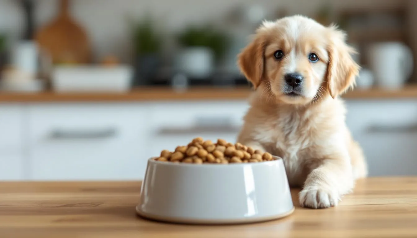 A mini Goldendoodle sits beside its food bowl, illustrating a proper nutrition setup essential for maintaining a balanced diet. This compact-sized mixed breed, known for its friendly demeanor and wonderful companionship, typically weighs around 15 to 35 pounds when fully grown.