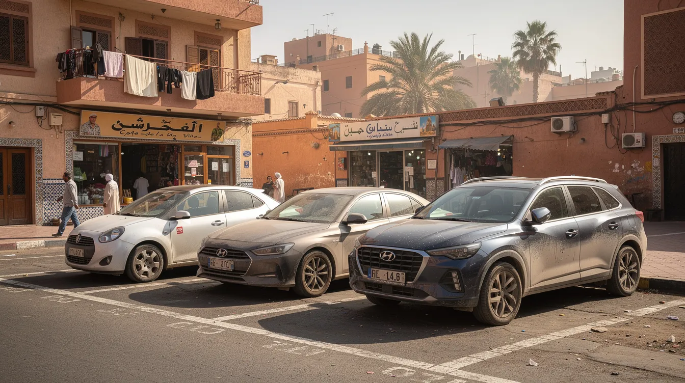 Several cars of different categories parked along a street in a Moroccan city.