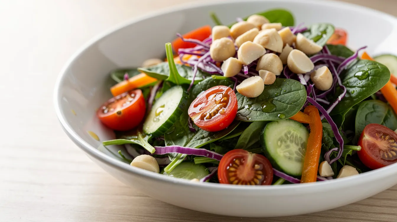 A vibrant salad featuring a mix of fresh vegetables is topped with chopped roasted macadamia nuts, adding a crunchy texture and rich flavor, all drizzled with a light olive oil dressing. This colorful dish not only looks appetizing but also offers health benefits, including healthy fats and dietary fiber from the macadamia nuts.