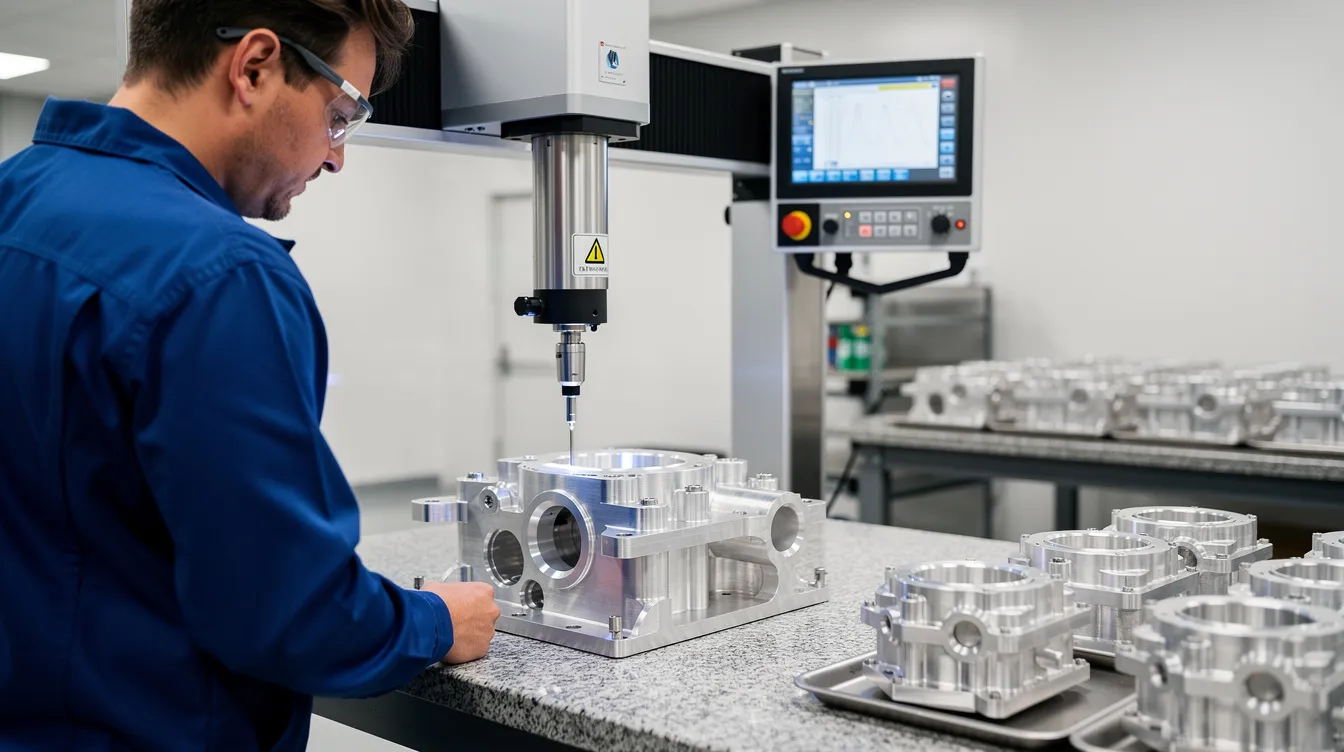 A quality inspector is meticulously using a coordinate measuring machine to ensure the precision of machined aluminum parts, highlighting the importance of quality control in cnc machining services. The scene reflects advanced technology and the dedication to maintaining tight tolerances in precision manufacturing.