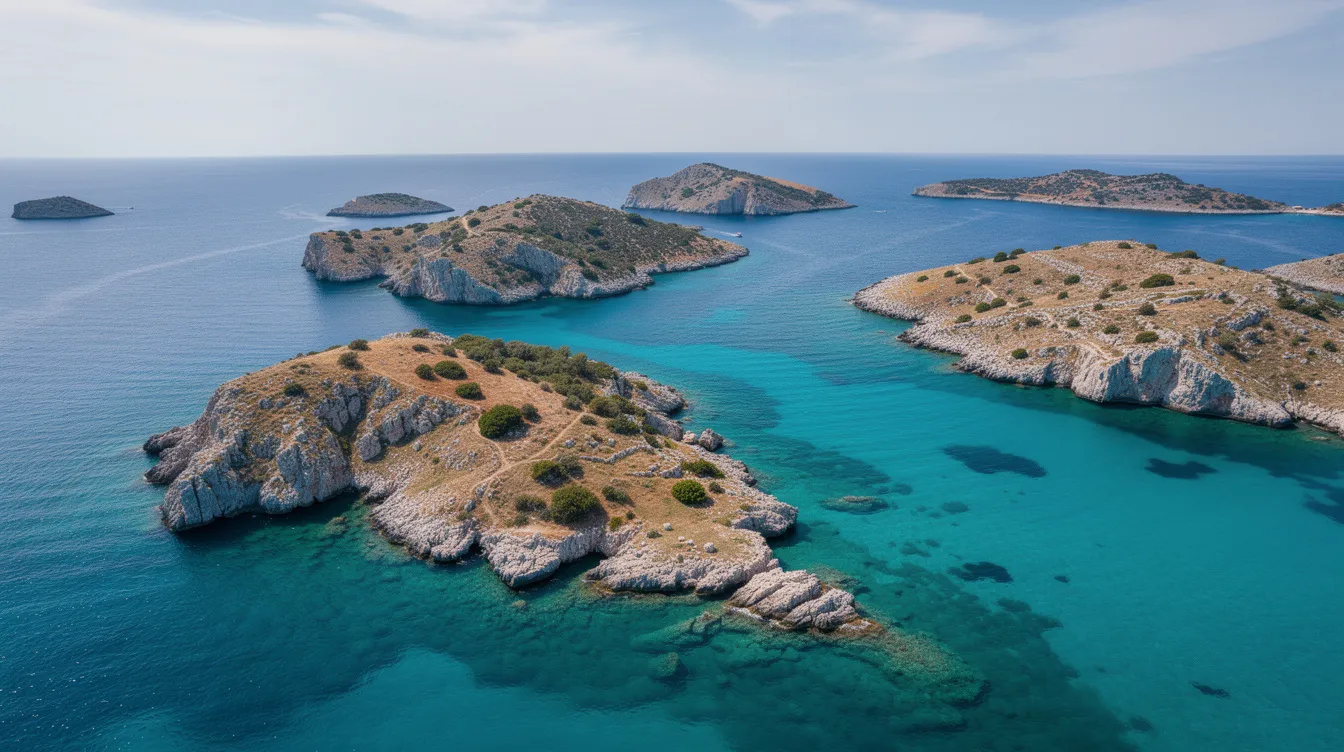 Vista aérea deslumbrante das ilhas croatas, com águas turquesa cristalinas e uma costa rochosa. A imagem destaca a beleza natural da região da Dalmácia, ideal para turismo e viagens.