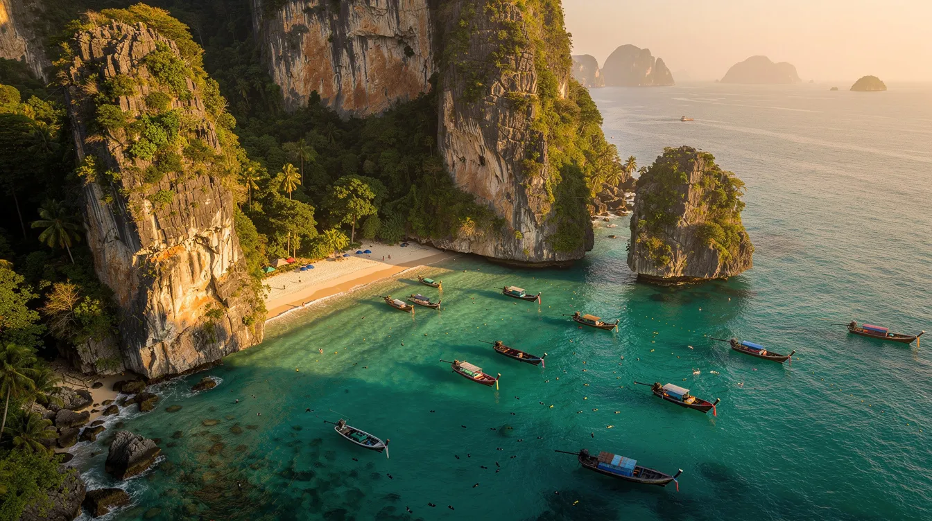 A imagem retrata as deslumbrantes ilhas Koh Phi Phi, com suas praias de areia branca e águas cristalinas, cercadas por imponentes paredões de rocha. Este destino na Tailândia é famoso por suas paisagens paradisíacas e é um ponto de atração para turistas em busca de experiências inesquecíveis.