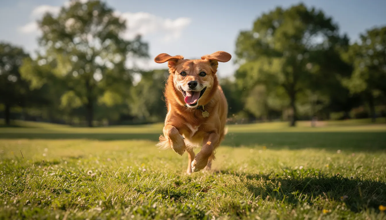 A joyful dog is running freely through a lush, green park, surrounded by tall trees in the background. This scene captures the essence of pet-friendly areas in Fredericksburg, perfect for travelers looking for dog-friendly hotels like the Hilton Garden Inn Fredericksburg or the Richard Johnston Inn.