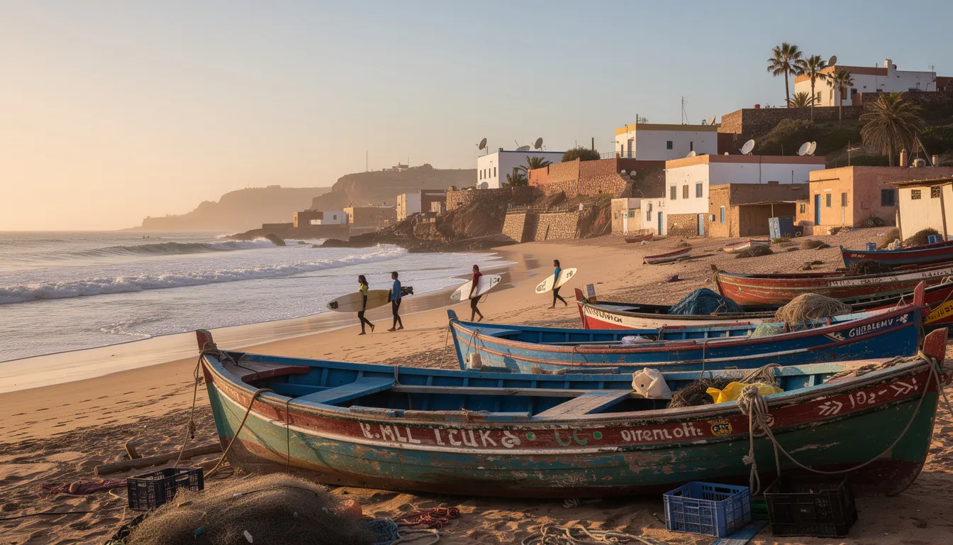 The image depicts a traditional Moroccan coastal fishing village featuring vibrant, colorful boats resting on the sand, while surfers walk along the beach carrying their boards, ready to explore the best surf spots. This scene captures the essence of surfing in Morocco, where the gentle waves attract both beginner and experienced surfers alike.