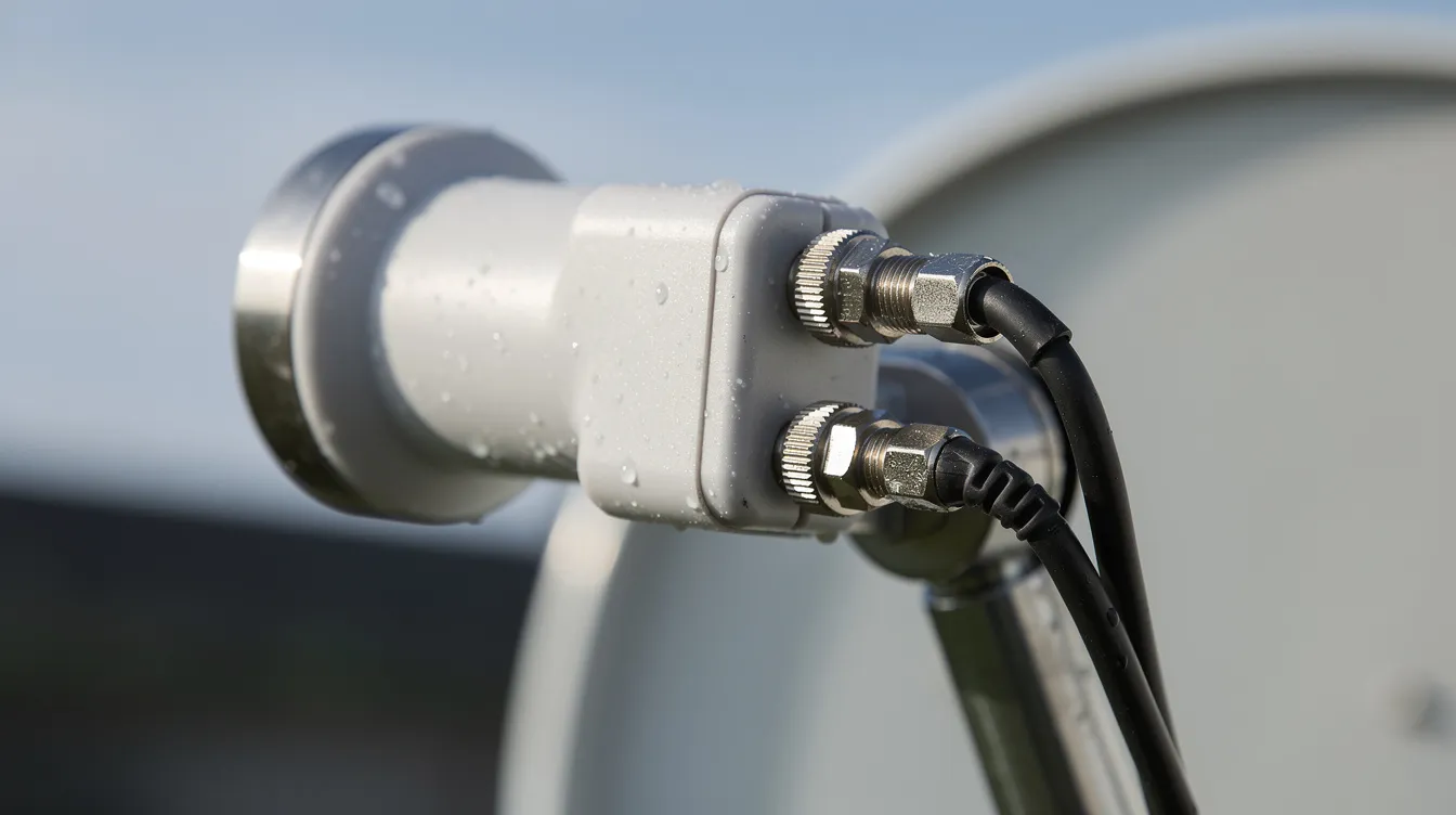 The image shows a close-up of a Smart LNB mounted on a satellite dish, featuring multiple coaxial cable connections, which are essential for linking DSTV decoders like the primary and secondary decoders in an extra view setup. This setup allows families to enjoy a variety of TV channels and shows simultaneously.