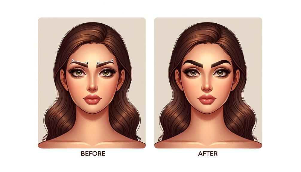 Before-and-after comparison of eyebrow transformation on a woman's face. The 