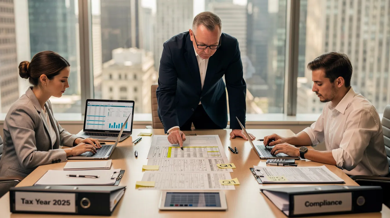 In the image, financial professionals are gathered around a table, reviewing tax documents and calculations that include various tax credits and liabilities. They are focused on identifying potential tax savings and ensuring compliance with the tax code, particularly regarding research and development tax credits and other incentives for small businesses.