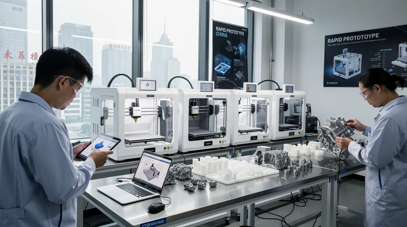 The image showcases a modern rapid prototyping facility in China, featuring advanced technologies such as CNC machining, 3D printing, and injection molding. It highlights the company's capabilities in producing high-quality functional prototypes and precision parts for various industries, including consumer electronics and medical devices.
