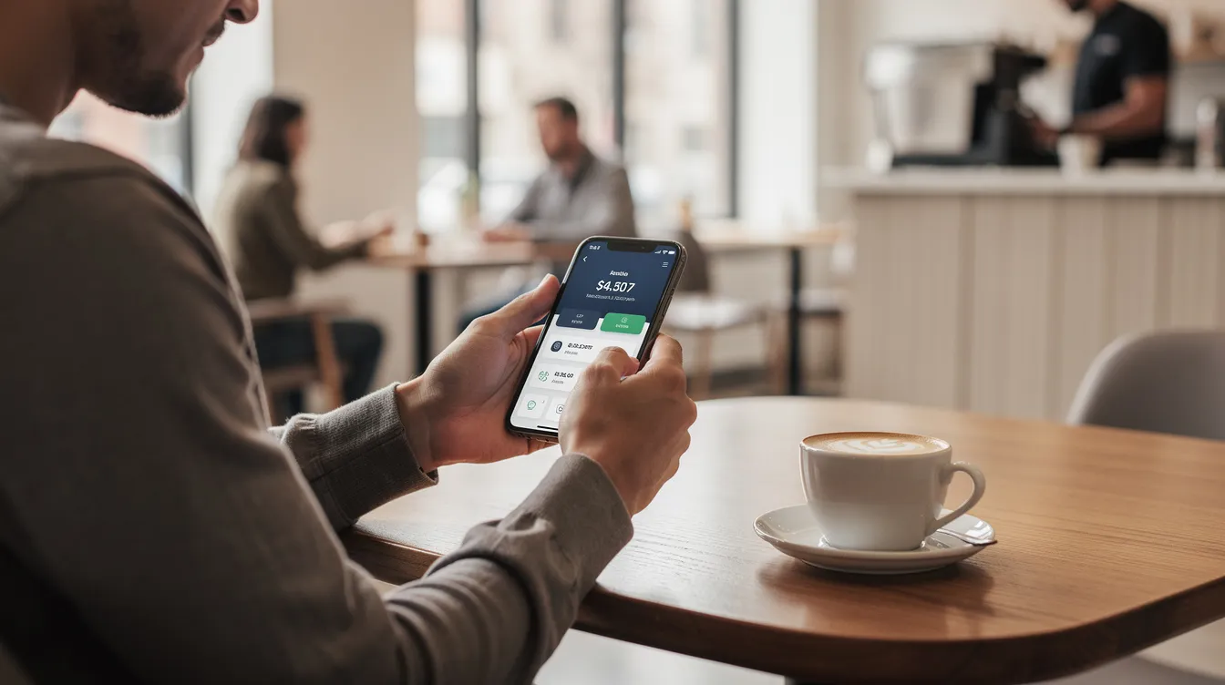 A person is sitting at a modern café, using a smartphone banking app to manage their bank account while enjoying a cup of coffee on the table. The scene reflects the convenience of online banking in Panama, showcasing the integration of technology and daily life in a vibrant setting.