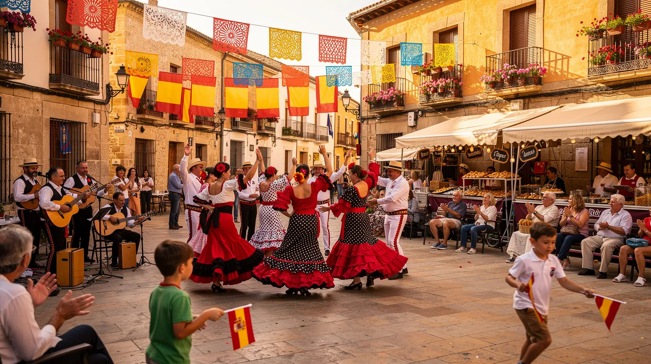 The image depicts a lively traditional Spanish festival taking place in a bustling plaza, where people are joyfully celebrating with colorful decorations, traditional attire, and local music. This vibrant scene reflects the rich culture and laid-back lifestyle that is characteristic of Spanish life, particularly in southern Spain.