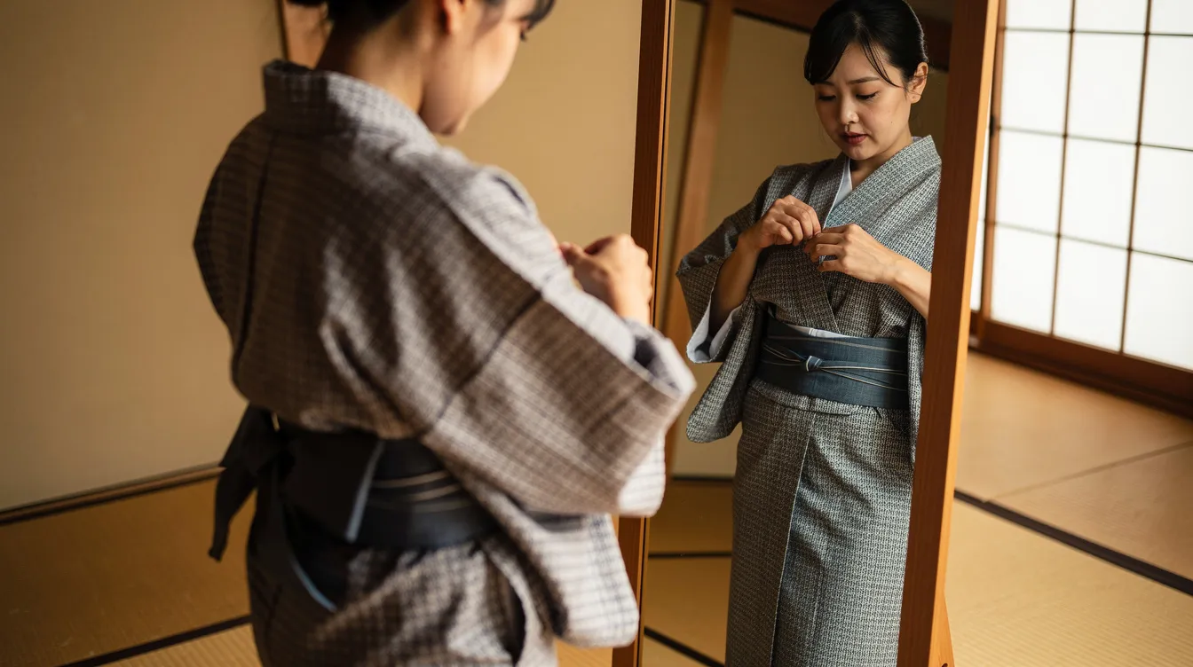 A person is adjusting a cotton yukata in front of a mirror, ensuring the fit is perfect by checking the length and width of the garment. They are also wearing traditional geta sandals, which complement the yukata's style.