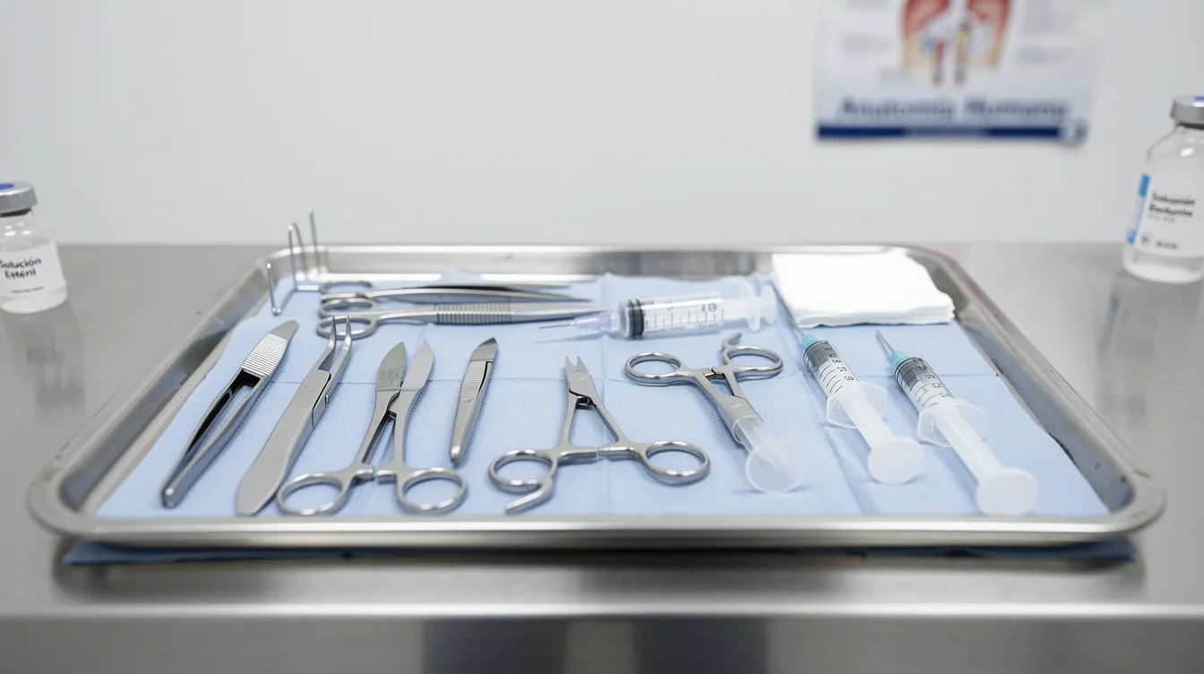En la imagen se observa un conjunto de instrumental quirúrgico estéril cuidadosamente dispuesto sobre una bandeja metálica, listo para un procedimiento de cirugía de párpados. Este equipo se utiliza durante la intervención, como una blefaroplastia, en un consultorio médico.