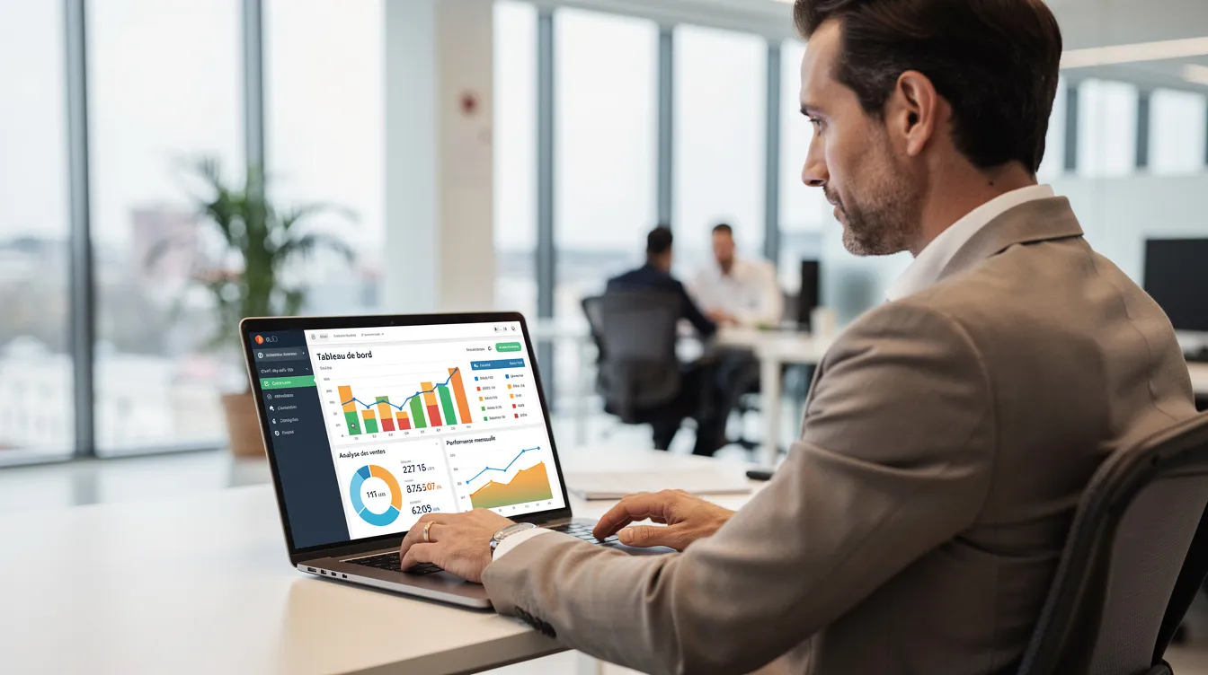 Un professionnel est assis à un bureau, utilisant un ordinateur portable qui affiche des graphiques et un tableau de bord commercial, illustrant une bonne organisation commerciale. Cet environnement de travail met en avant des éléments liés à la stratégie commerciale, à la gestion des équipes commerciales et à l'optimisation des performances.