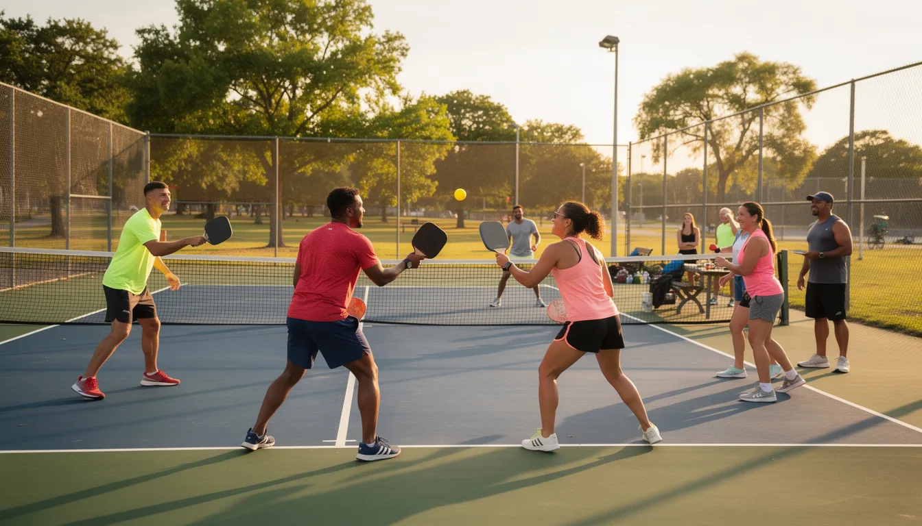 A diverse group of players is enjoying a lively game of pickleball on an outdoor court, with the ball bouncing between the teams as they strategize their next moves. The court features clear lines marking the service area and non-volley zone, highlighting the excitement of this fast-growing sport.