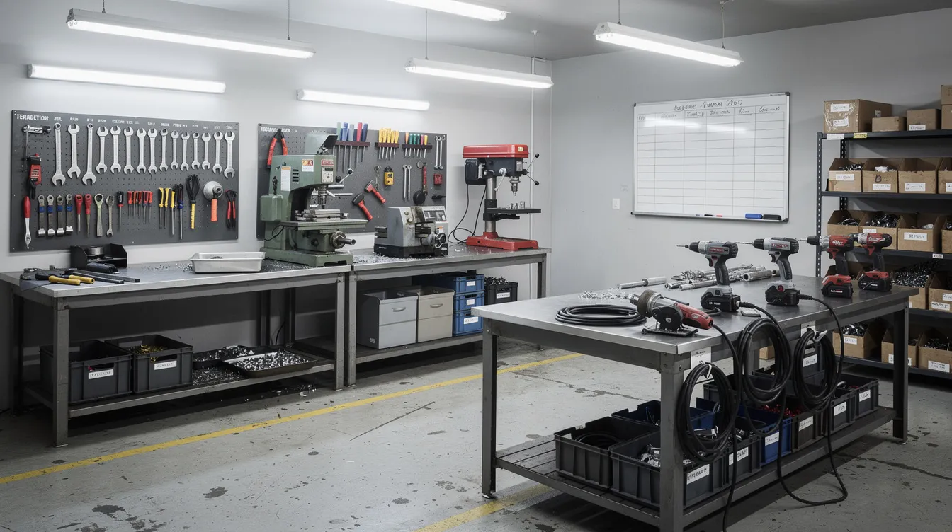The image shows a small manufacturing workshop with various equipment and tools organized neatly on workbenches, indicating a space dedicated to production and craftsmanship. This setup reflects the operational aspect of a business that may require financial analysis, such as project reports and cash flow statements, for securing bank loans and assessing the company's financial health.
