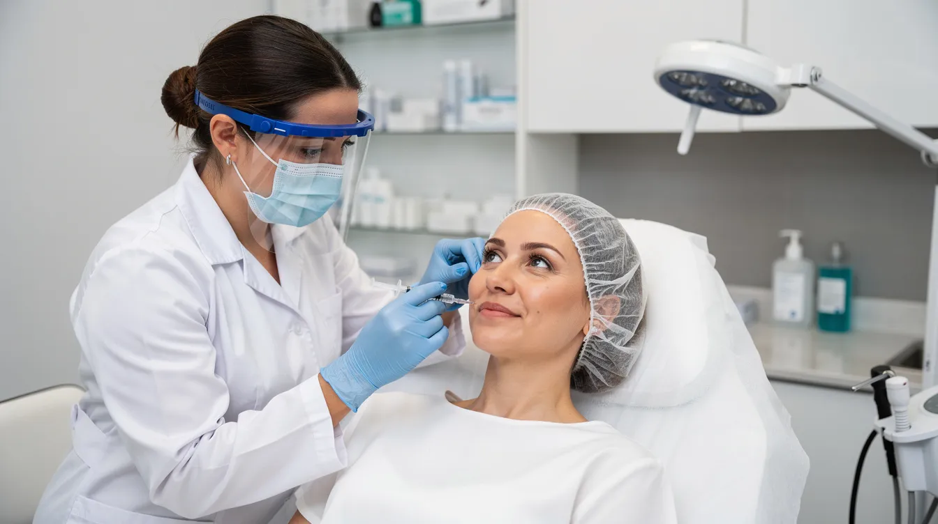 A medical professional is administering a cosmetic facial injection, likely using hyaluronic acid fillers, to enhance the patient's nasal tip in a clean clinical setting. This non-surgical nose job, known as liquid rhinoplasty, aims to achieve natural-looking results with minimal downtime.