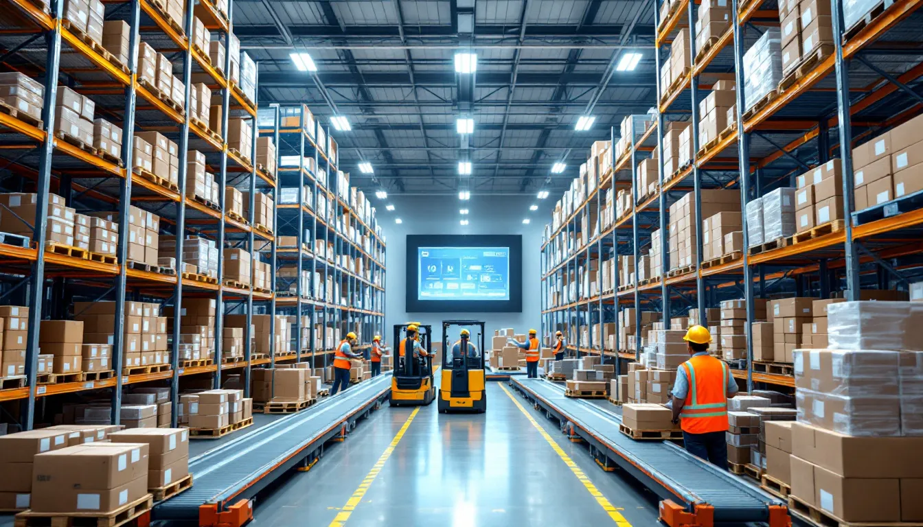 The image depicts a logistics professional in an office setting, surrounded by shipping labels and documents related to cost-effective shipping solutions for businesses in South America, particularly Guyana. The scene emphasizes the importance of efficient supply chain management and global trade, showcasing how packages are prepared for delivery to various locations.