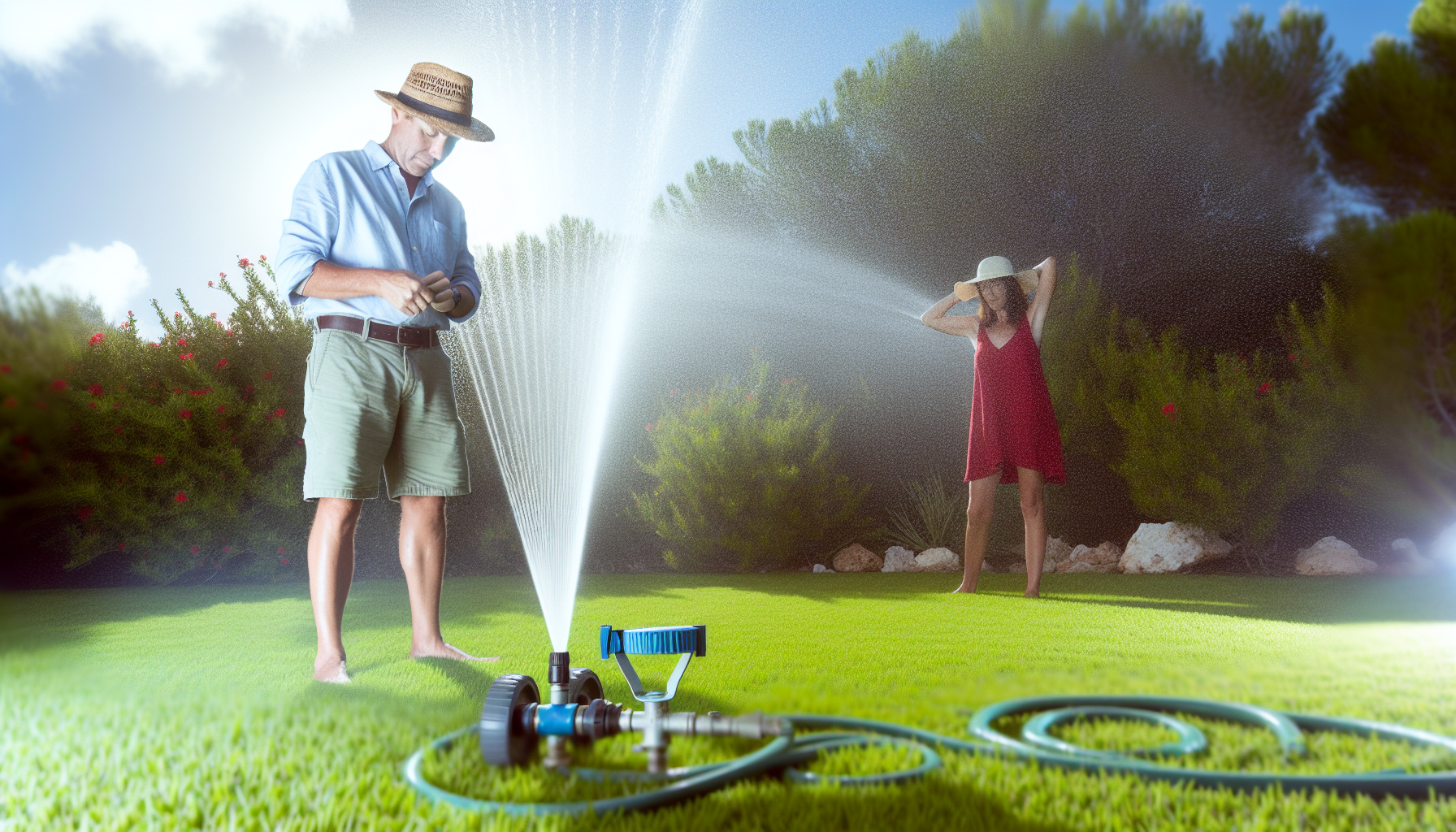 Watering a lawn during dry weather