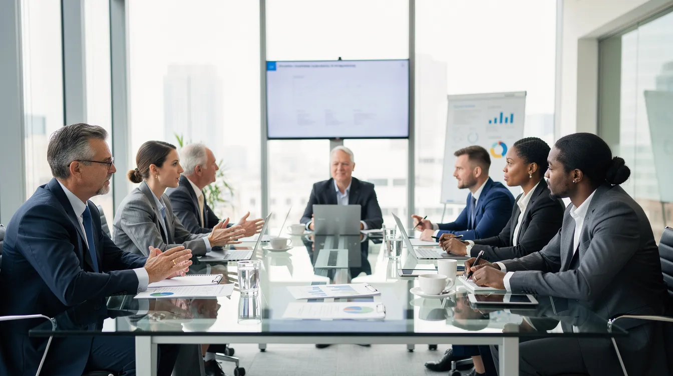 A group of professionals, including project owners, architects, and construction lawyers, are seated around a conference table engaged in a discussion about resolving construction disputes. They are likely addressing contract ambiguities and effective dispute prevention strategies to ensure successful project delivery and mitigate potential project delays.
