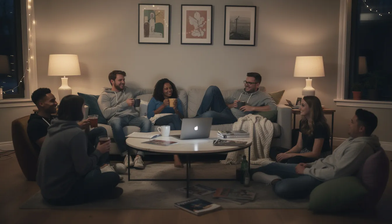 Eine Gruppe junger Erwachsener entspannt in einem gemütlichen Wohnzimmer mit gedämpfter Beleuchtung, während sie sich unterhalten und die angenehme Atmosphäre genießen. Der Raum strahlt eine entspannte Stimmung aus, die perfekt für Momente des Wohlbefindens und der Entspannung ist.