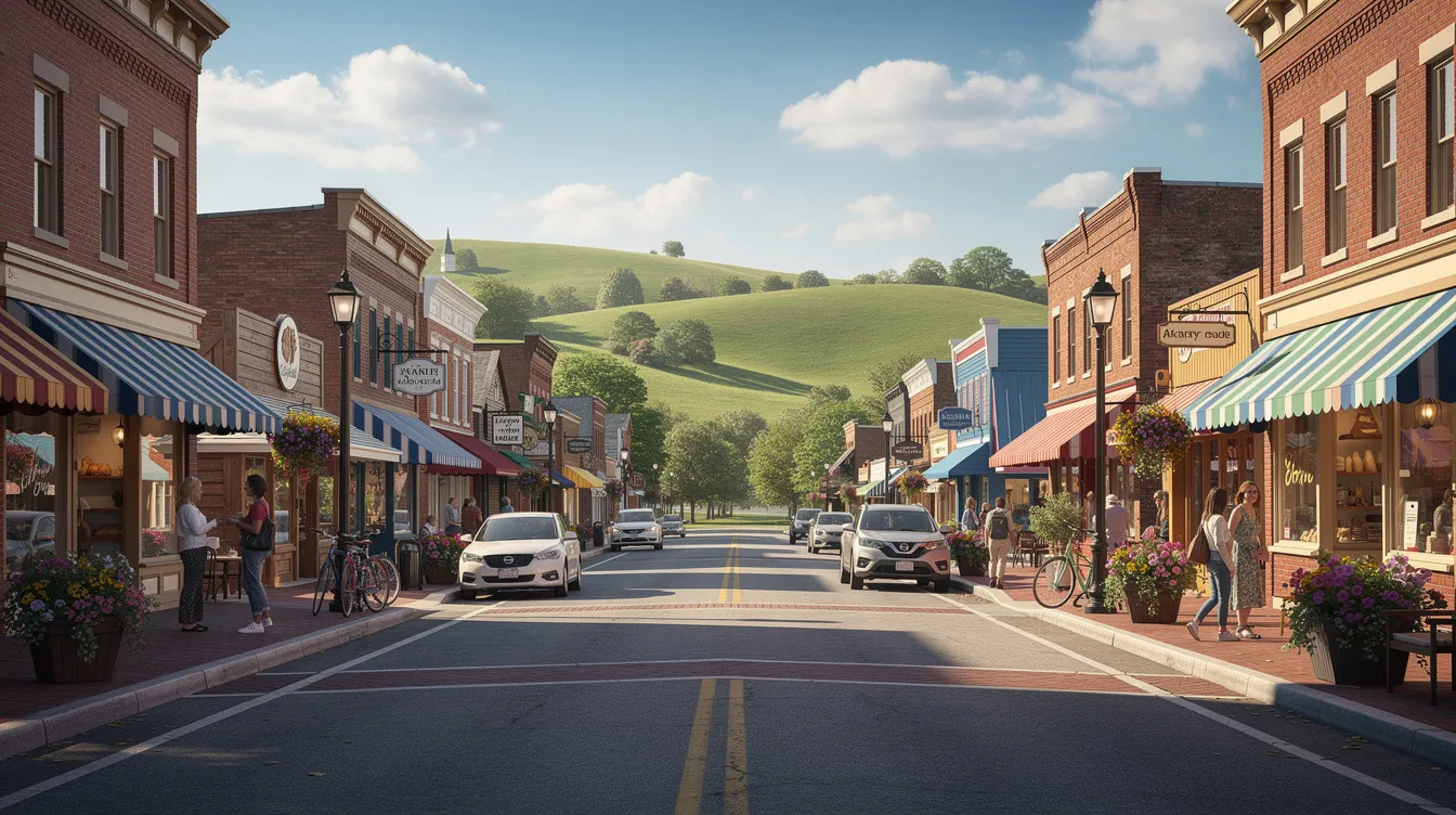 The image depicts a vibrant small-town main street bustling with activity, framed by lush rolling green hills in the background. This scene reflects the essence of community and small business vitality, highlighting the importance of personal financial planning and effective management for many business owners in achieving their financial goals and ensuring their business's financial health.