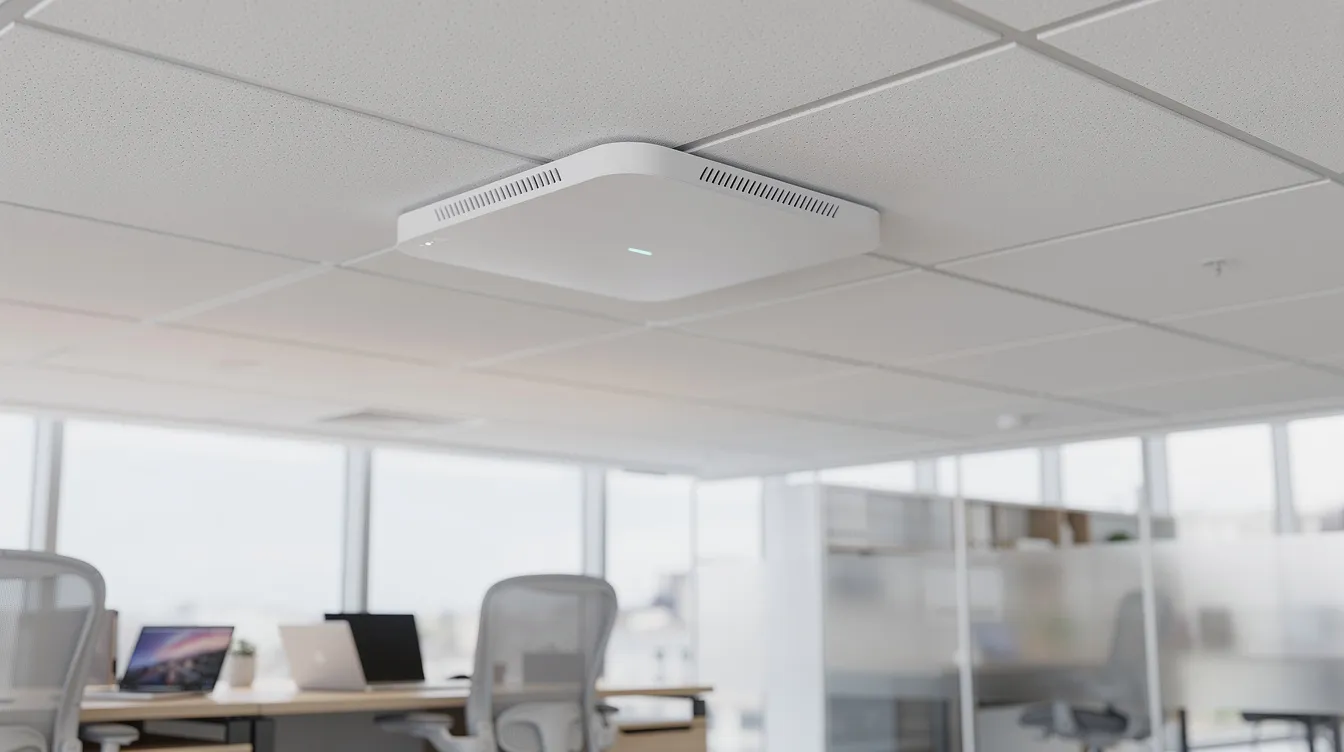The image features a modern ceiling-mounted Wi-Fi access point in a bright office setting, designed to enhance internet performance for multiple connected devices. This business-grade router is positioned in a central location to ensure optimal Wi-Fi signal strength and reduce slow internet speeds during video conferencing and other online activities.