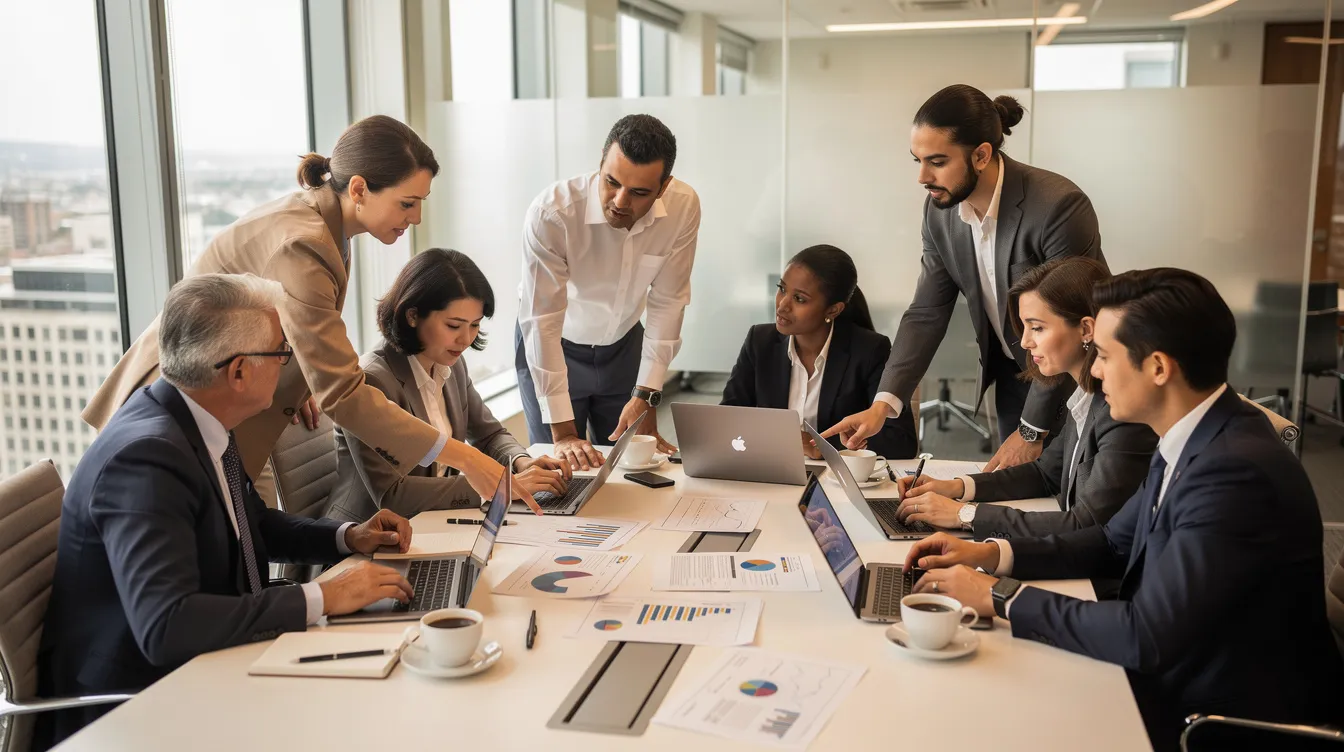 A diverse group of professionals is collaborating around a conference table, equipped with laptops and documents, as they discuss strategies for enhancing brand visibility and search performance in the evolving AI search era. The atmosphere is dynamic, reflecting teamwork and innovation in utilizing AI features and tools for effective decision-making.