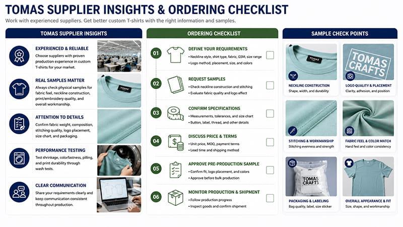 Custom promotional shirt ordering checklist with neckline requirements, sample approval, logo placement, fabric checks, packaging, and production review.