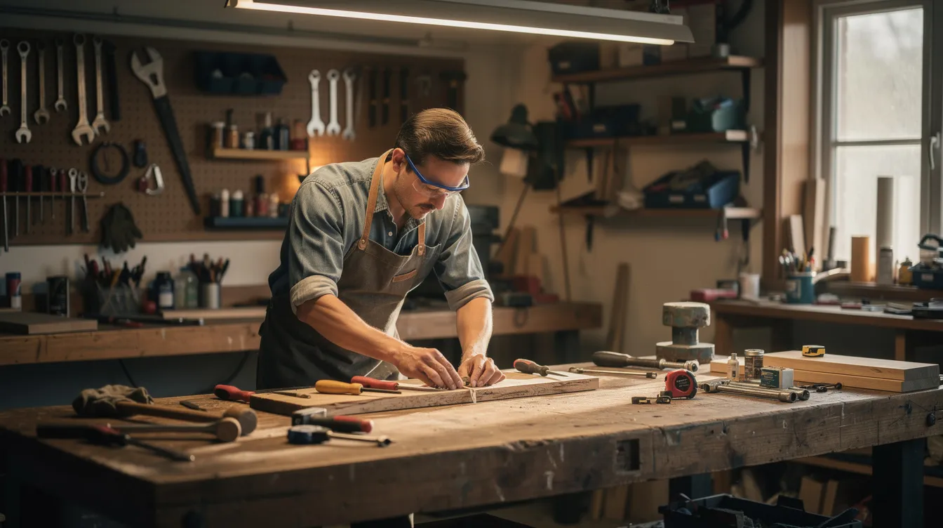 eb2609ec 13c3 42b4 bfd2 11b2ec06dc59 A small business owner is diligently working in a workshop filled with various tools and equipment, showcasing their skills in a hands-on environment. This setting reflects the essence of micro enterprises, where individuals engage in income generation and expand their businesses, often supported by financial institutions through schemes like the Pradhan Mantri Mudra Yojana.