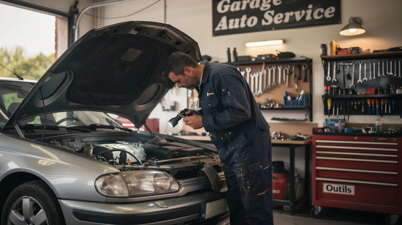 Un mécanicien examine attentivement le moteur d'une voiture de location dans un garage, vérifiant les éventuels problèmes mécaniques. L'image met en avant l'importance de l'entretien et des réparations pour assurer la sécurité et le bon état du véhicule loué.