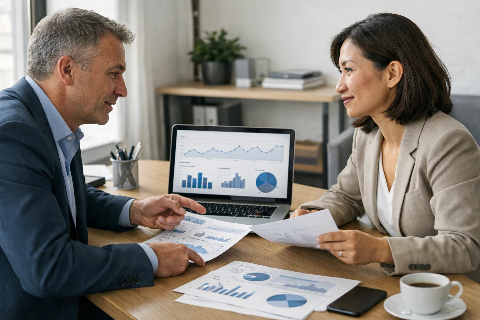 Dealership owner meeting with an SEO consultant to review website performance and growth strategy.